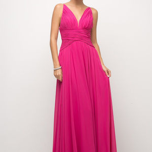 Cinderella's Closet Dresses - Fuchsia V-Neckline Evening Long Dress Cinderella's Closet Dresses - Fuchsia V-Neckline Evening Long Dress